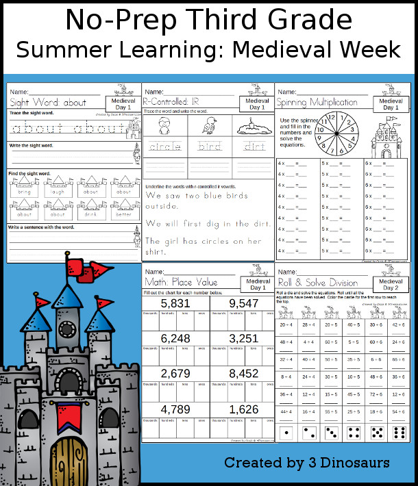 No-Prep Medieval Weekly Packs for Third Grade with 5 days of activities to do to learn with a summer Medieval.  - 3Dinosaurs.com