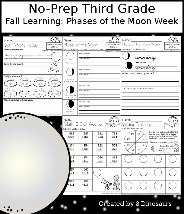 No-Prep Phases of the Moon Weekly Packs for Third Grade with 5 days of activities to do to learn with a spring Phases of the Moon.  - 3Dinosaurs.com