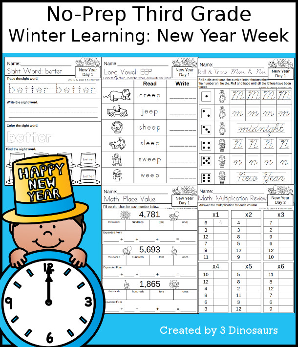 No-Prep New Year Themed Weekly Packs for Third Grade with 5 days of activities to do to learn with a winter New Year Theme.  - 3Dinosaurs.com