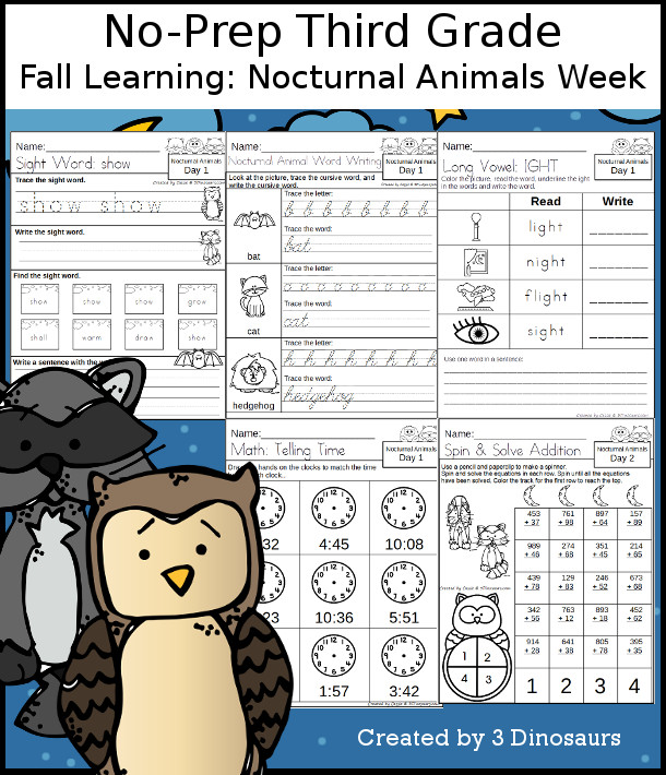 No-Prep Nocturnal Animals Weekly Packs for Third Grade with 5 days of activities to do to learn with a fall Nocturnal Animals.  - 3Dinosaurs.com