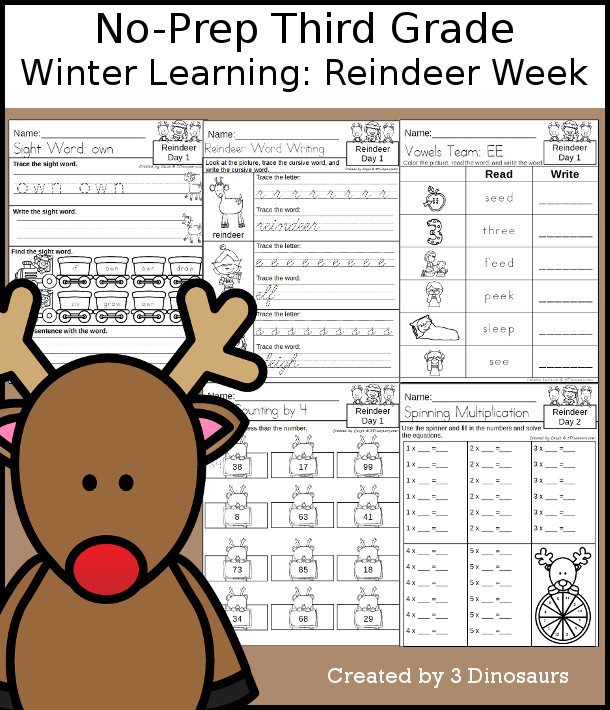 No-Prep Reindeer Themed Weekly Packs for Third Grade with 5 days of activities to do to learn with a winter Reindeer.  - 3Dinosaurs.com