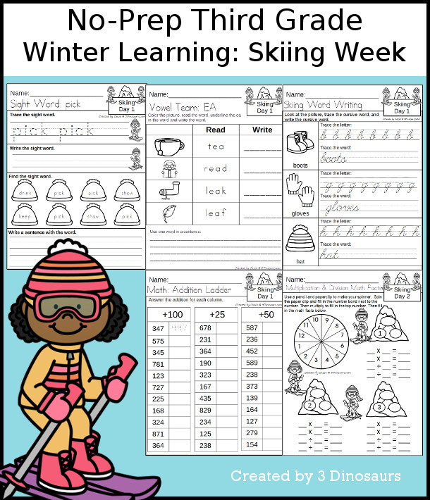 No-Prep Skiing Weekly Packs for Third Grade with 5 days of activities to do to learn with a winter Skiing.  - 3Dinosaurs.com