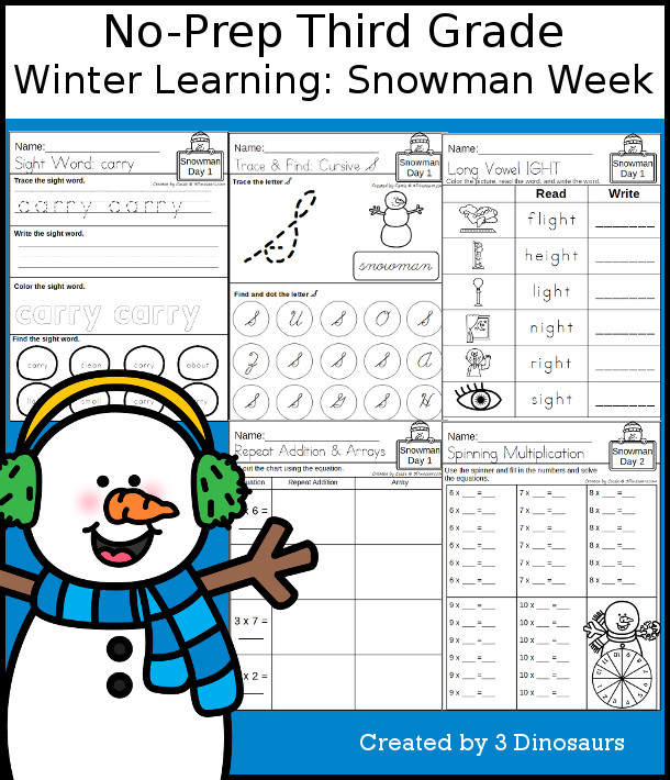 No-Prep Snowman Themed Weekly Packs for Third Grade with 5 days of activities to do to learn with a winter Snowman. It has math and languages activities with long vowels, trigraphs, multiplication, division and more  - 3Dinosaurs.com