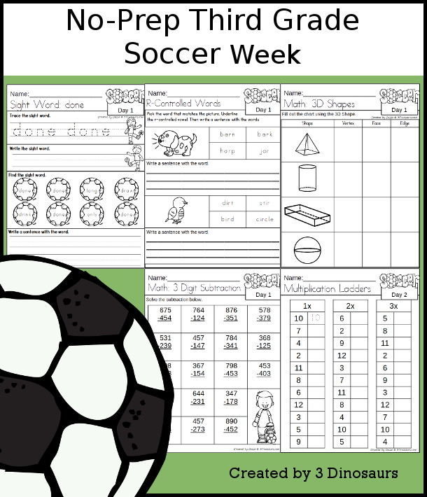 No-Prep Soccer Weekly Packs for Third Grade with 5 days of activities to do to learn with a spring and summer soccer/football theme.  - 3Dinosaurs.com