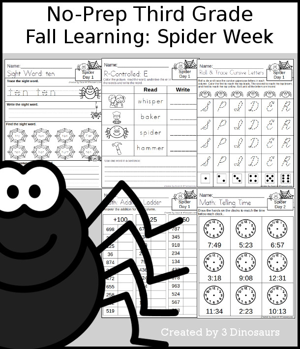 No-Prep Spider Weekly Packs for Third Grade with 5 days of activities to do to learn with a fall Spider.  - 3Dinosaurs.com