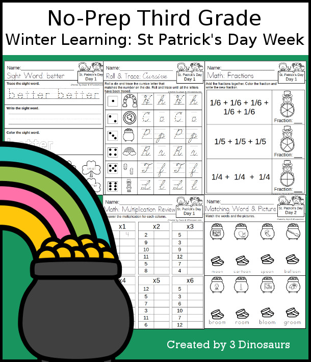 No-Prep St. Patrick's Day Themed Weekly Packs for Third Grade with 5 days of activities to do to learn with a winter St. Patrick's Day.  - 3Dinosaurs.com