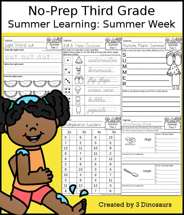 No-Prep Summer Themed Weekly Packs for Third Grade with 5 days of activities to do to learn with a summer themes.  - 3Dinosaurs.com