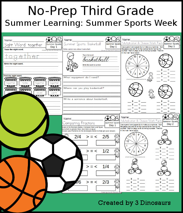 No-Prep Summer Sports Themed Weekly Packs for Third Grade with 5 days of activities to do to learn with a Summer Sports theme .  - 3Dinosaurs.com