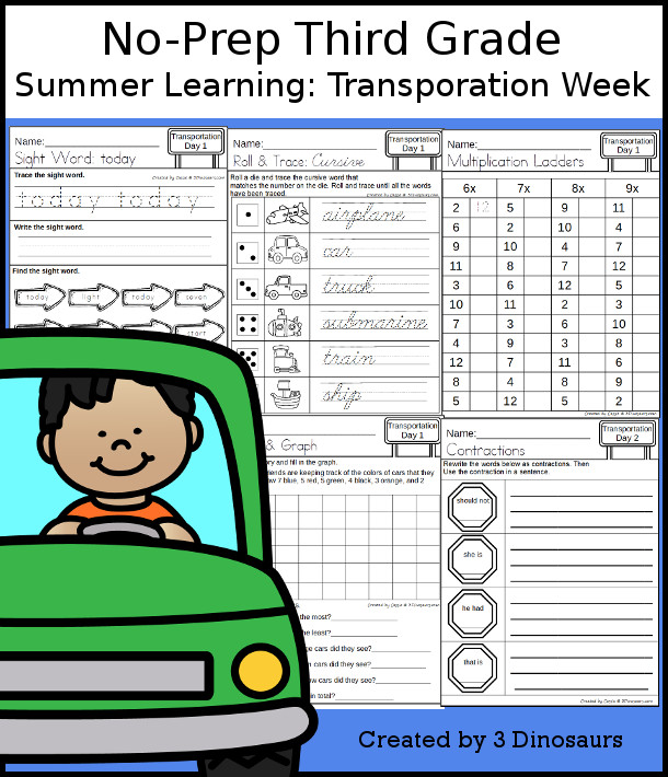 No-Prep Transportation Themed Weekly Packs for Third Grade with 5 days of activities to do to learn with a summer Transportation.  - 3Dinosaurs.com