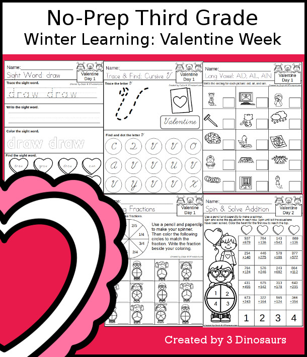 No-Prep Valentine Themed Weekly Packs for Third Grade with 5 days of activities to do to learn with a Valentine's Day Theme.  - 3Dinosaurs.com