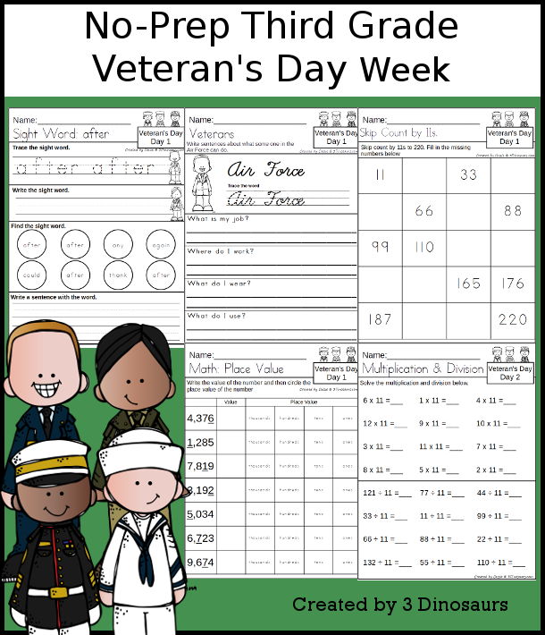 No-Prep Veteran's Day Weekly Packs for Third Grade with 5 days of activities to do to learn with a fall Veteran's Day.  - 3Dinosaurs.com