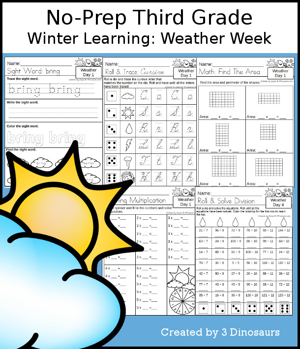 No-Prep Weather Themed Weekly Packs for Third Grade with 5 days of activities to do to learn with a Weather.  - 3Dinosaurs.com