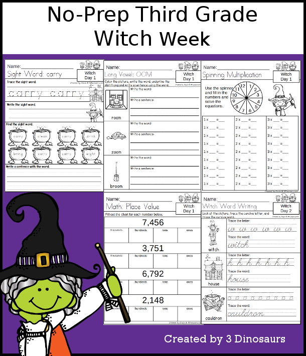 No-Prep Witch Weekly Packs for Third Grade with 5 days of activities to do to learn with a fall Witch theme.  - 3Dinosaurs.com