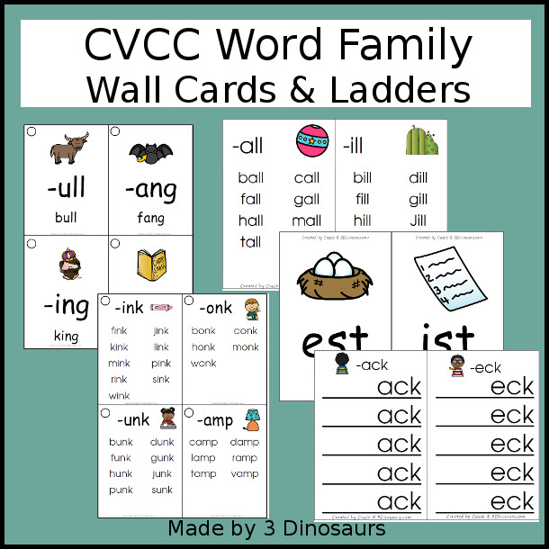 CVCC Word Family Wall Cards & Ladders - 72 pages of printables with two types of cards and two different size options - 3Dinosaurs.com