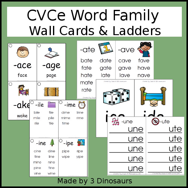 CVCe Word Family Wall Cards & Ladders - 82 pages of printables with two types of cards and two different size options - 3Dinosaurs.com