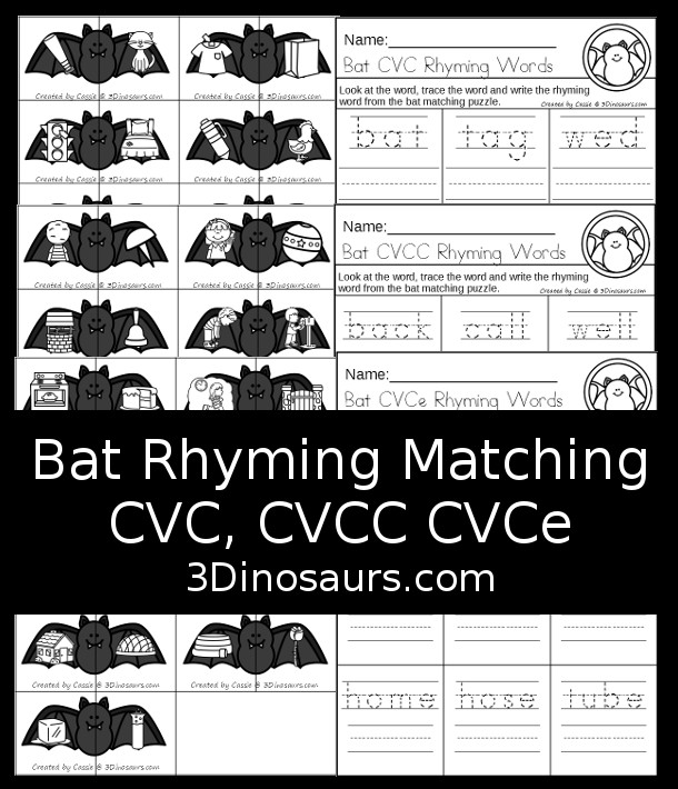 Free Bat Themed Rhyming Matching: CVC, CVCC, & CVCe with 9 matching rhyming cards for CVC word family words, CVCC word family words and CVCe word family words with a matching recording sheet - 3Dinosaurs.com