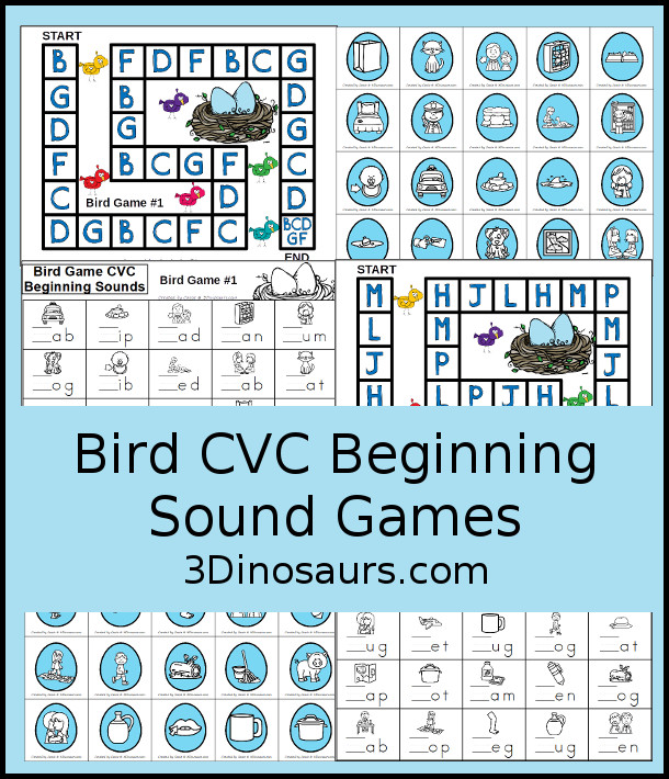 Free Bird Themed CVC Beginning Sound Games - with two beginning sound games with cards and a matching recording sheet for the game. You have a game for beginning sounds B, D, C, G, F and H, J, L, M, P - 3Dinosaurs.com