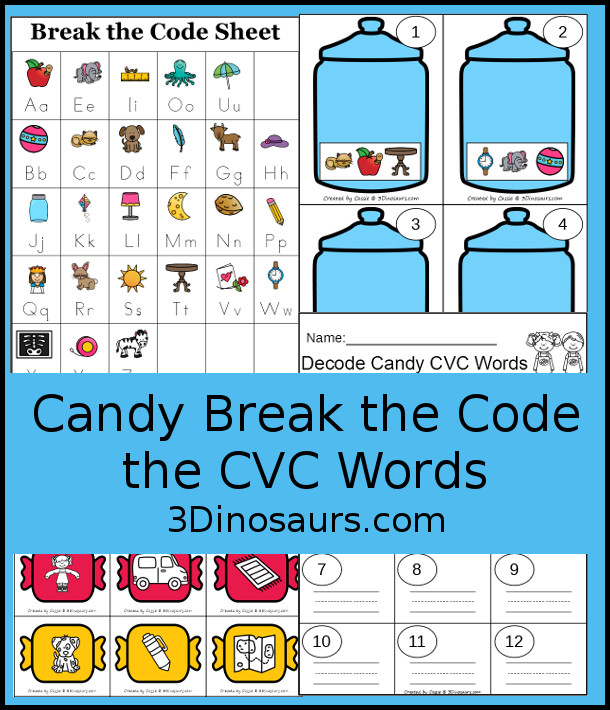 Free Candy Break the Code CVC Word Cards - 12 words to decode with matching picture and recording sheet - a fun set of printables to work on sounds of letters - 3Dinosaurs.com