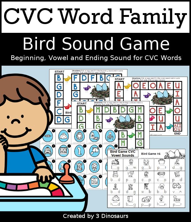 CVC Sound Games with a Bird Theme - it has 8 board games that work on beginning, middle and ending sounds. You can work on the different parts of the CVC words with matching CVC Picture cards and recording sheet for the game and the cards - 3Dinosaurs.com