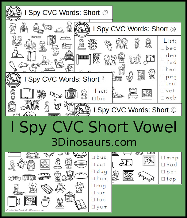 Free I Spy CVC Short Vowels - easy no-prep search and find for CVC words with all the pictures sorted by each vowel - 3Dinosaurs.com