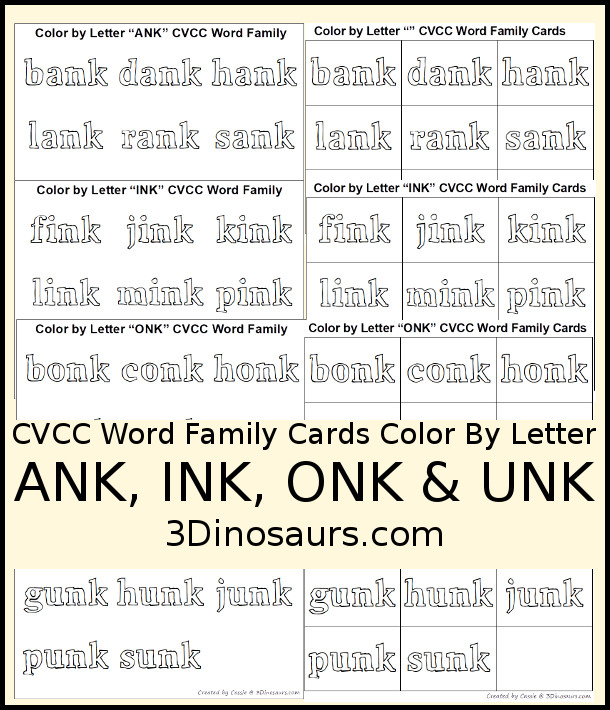 Free CVCC Word Family Color By Letter - ANK, INK, ONK & UNK - 3Dinosaurs.com