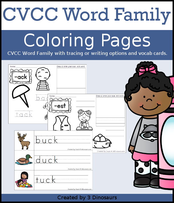 CVCC Word Family Coloring Pages Printables - 21 words with two coloring page options tracing words and writing words with matching vocab cards for kids. A great way to introduce CVCC words for kids. - 3Dinosaurs.com