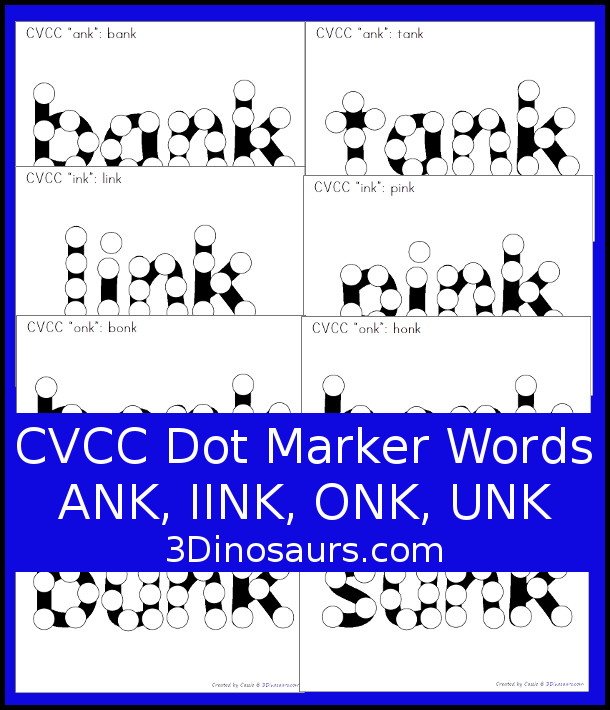 Free CVCC Word Family Dot Marker: ANK, INK, ONK, & UNK - 3Dinosaurs.com