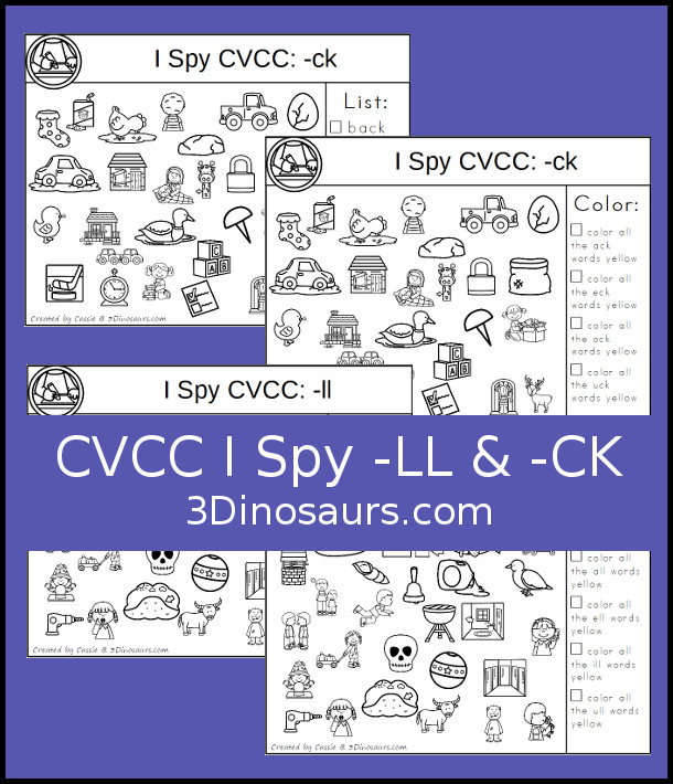 Free CVCC I Spy  - LL & -CK Word Families - two mats for each ending with word list and color the vowels. Easy no-prep printable for kids to use to learn CVCC and CCVCC words- 3Dinosaurs.com