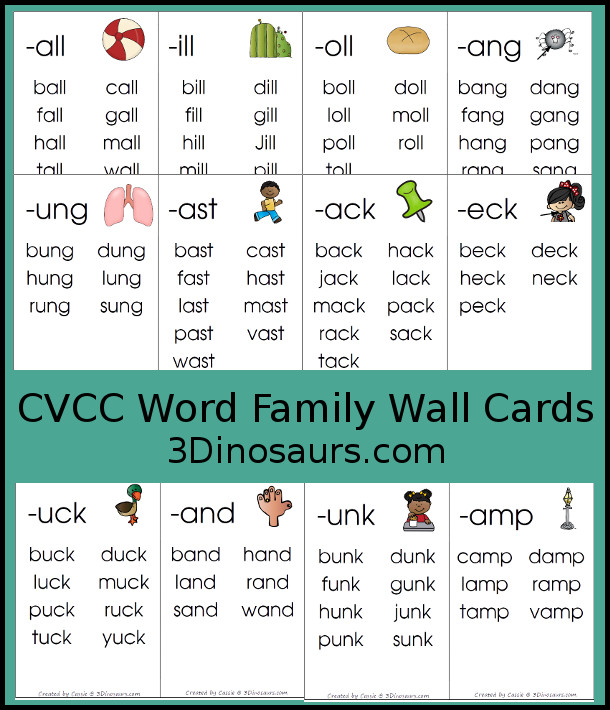 Free CVCC Word Family Wall Cards - has 29 CVCC word endings with a picture in the word family and examples of the CVCC words for that word family- 3Dinosaurs.com