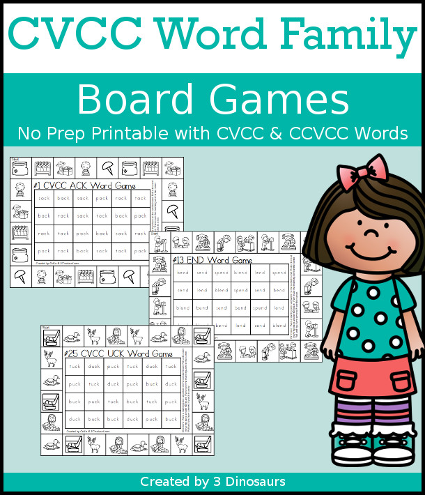 CVCC Word Family Printable Games - with 31 board for kids to work on a mix of CVCC and CCVCC words. All the games are done by word ending - 3Dinosaurs.com