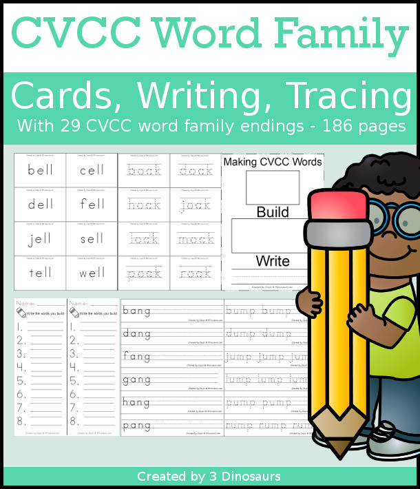 All CVCC Word Family Cards & Writing: -all, -ill, -ell, -ull, oll, -ing, -ang, -ung, -ong, -ast, -ist, -ust, -ost, -est, -ack, -eck -ick, -ock, -uck, -and, -end, -ind, -ond, -ank, ink, -unk, -onk, -amp,  -ump  - 3Dinosaurs.com- 3Dinosaurs.com