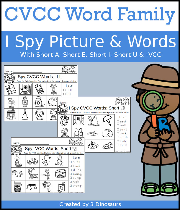 CVCC I Spy Selling Set with a mix of VCC endings and by vowel sound with 6 or 7 words to find on each page. An easy no-prep printable - 3Dinosaurs.com