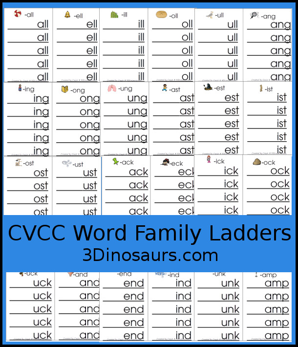 Free CVCC Word Family Ladder Printables with the following endings -all, -ill, -ell, -ull, -ing, -ang, -ung, -ong, -ast, -ist, -ust, -ost, -est, -ack, -ick, -ock, -uck, -and, -end, -ind, -ond, -und, ink, -unk, -onk, -amp, -imp, -ump- 3Dinosaurs.com