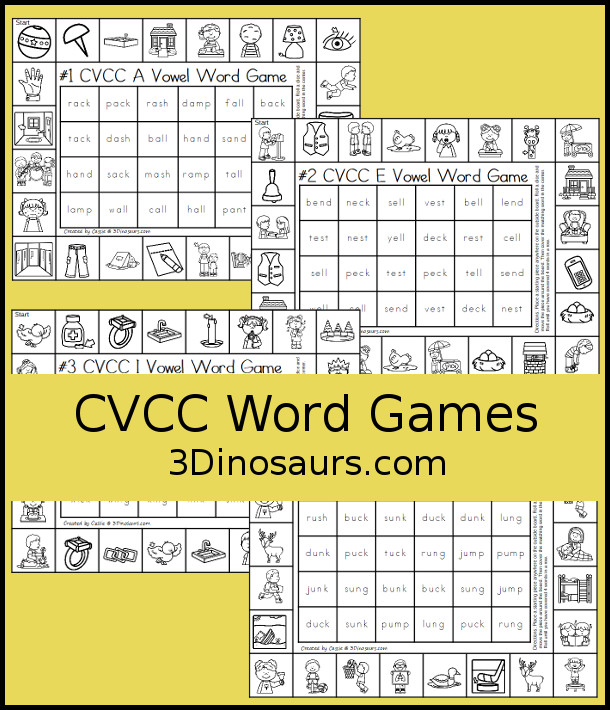 Free CVCC Word Printable Games - 4 fun games with CVCC short a words, CVCC short e words, CVCC short i words, CVCC sort u words with pictures outside and words to find in the middle. A great review for CVCC words- 3Dinosaurs.com