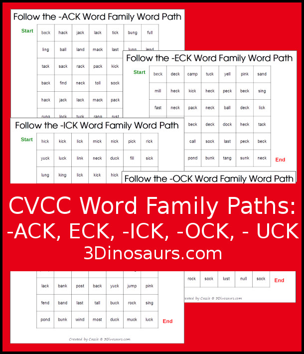 Free CVCC Word Family Word Path: ACK, ECK, ICK, OCK, UCK - you follow the word ending and read the CVCC words as you go through the word path. - 3Dinosaurs.com