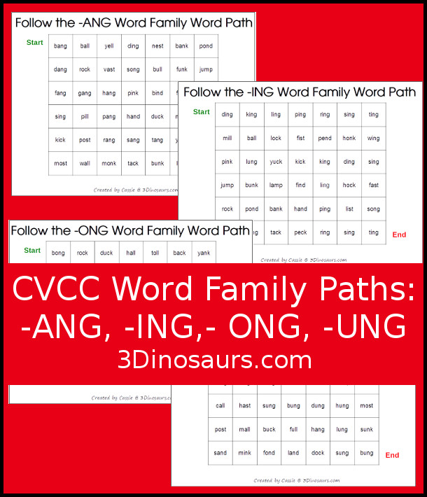 Free CVCC Word Family Word Path: -ANG, -ING, -ONG, - UNG Worksheets - you follow the word ending and read the CVCC words as you go through the word path. - 3Dinosaurs.com