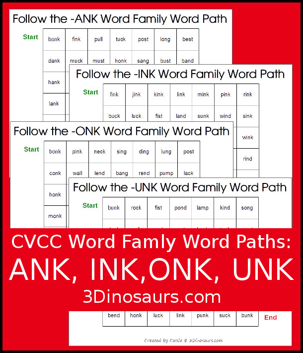 Free CVCC Word Family Word Paths: -ANK, -INK, -ONK, -UNK- 3Dinosaurs.com