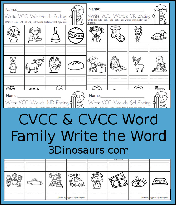 Free CVC Word Family Write the Words No-Prep Worksheet - 4 fun worksheets all working with VCC with 4 endings ll, ck, nd, & sh - with 12 picures for them to write matching words - 3Dinosaurs.com  #3dinosaurs #secondgrade #firstgrade #learingtoread #cvccwordfamily #freeprintable