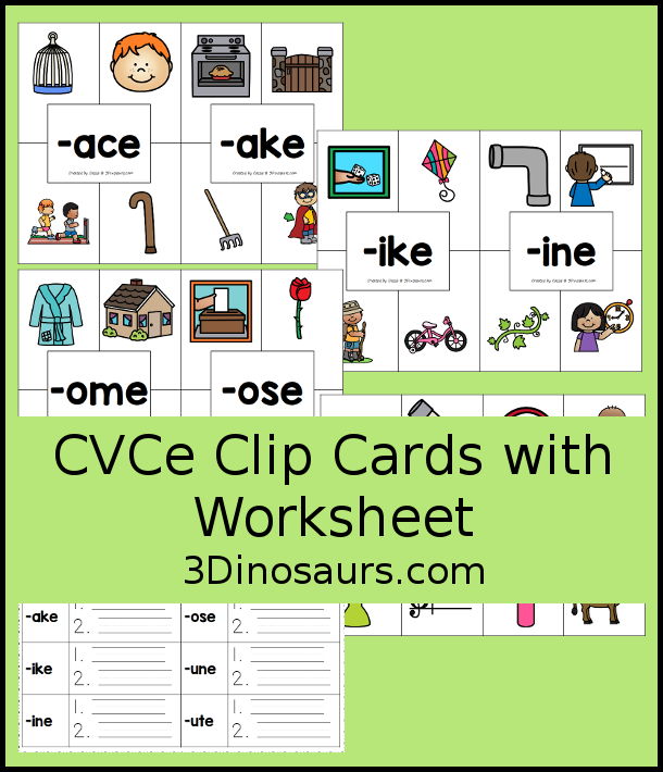 Free CVCe Clip Cards and CVCe Recording Worksheet - with four clip cards clipping two cards that match the CVCe ending and a recording sheet for all the of CVCe clip cards - 3Dinosaurs.com