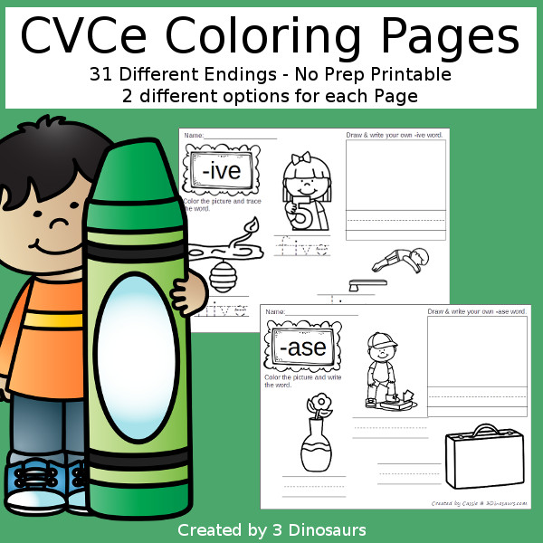 CVCE Word Family Coloring Pages - you have 31 CVCe word endings for kids to learn and trace or write and then color the match CVCe pictures - 3Dinosaurs.com