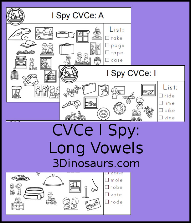 CVCe I Spy Printable for Long A, Long I, & Long O with word lists and pictures to find with all matching the CVCe pattern - 3Dinosaurs.com