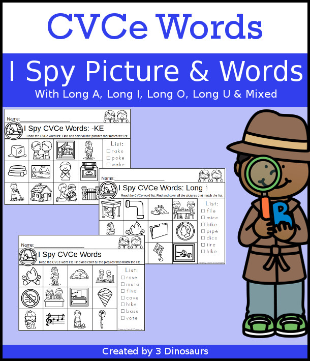 CVCe I Spy  Selling Set - fun I spy worksheets with word list and finding the matching picture. You have 6 ot 7 pictures to find on each CVCe find worksheet with a mix of CVCe endings, CVCe by long vowel and CVCe mixed long vowel - 3Dinosaurs.com