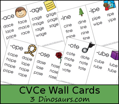 Free CVCe Word Family Wall Cards: -ace, -age, -ake, -ale, -ame, -ane, -ape, -ase, -ate, -ave, -ice, -ide, -ife, -ike, -ile, -ime, -ine, -ipe, -ise, -ite, -obe, -ode, -oke, -ole, -ome, -one, -ope, -ose, -ote, -ube, -ude, -ule, -une - 3Dinosaurs.com