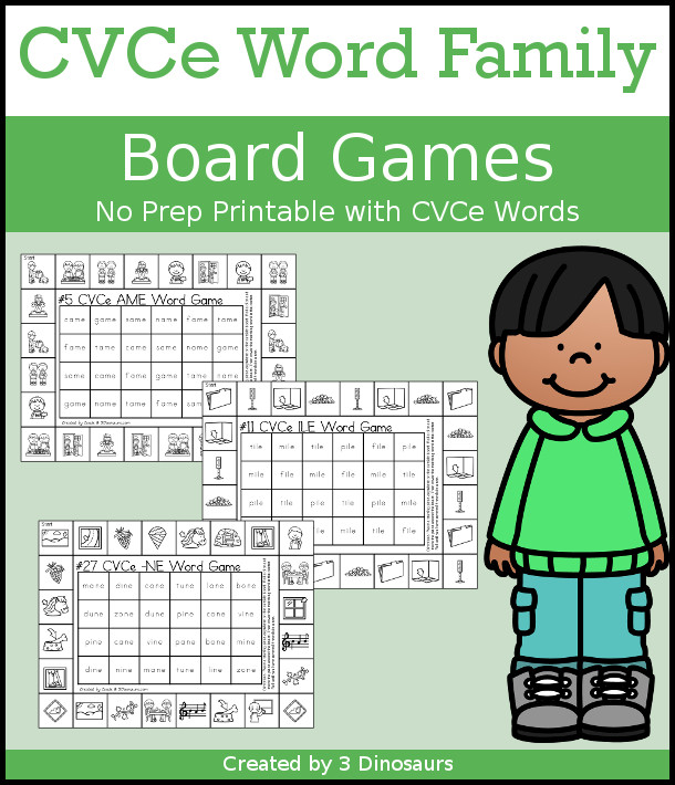 CVCe Word Family Printable Games - with 31 board for kids to work on a mix of CVCe words. All the games are done by vowel and word ending - 3Dinosaurs.com