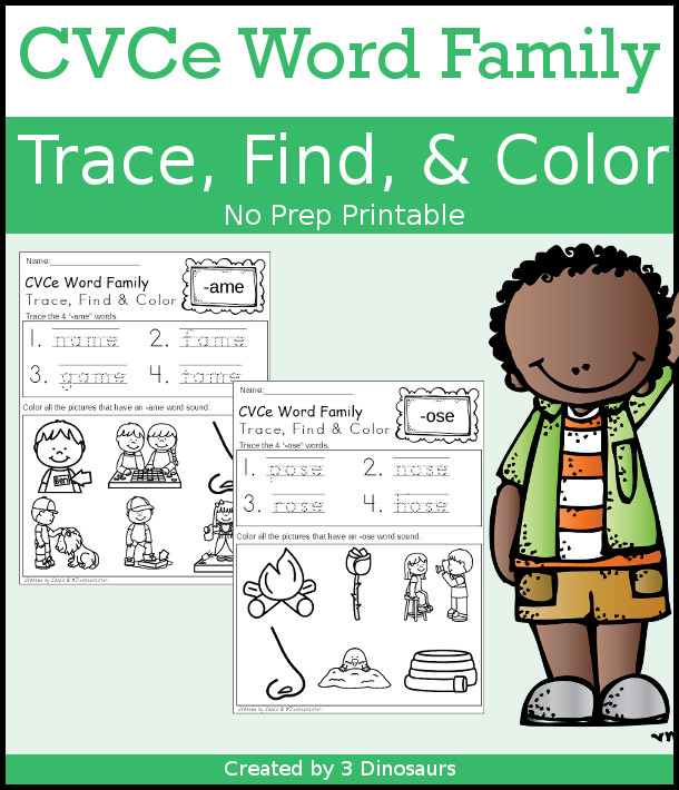 CVCe Word Family Trace, Find & Color - 23 word family endings, no-prep printable $ - 3Dinosaurs.com