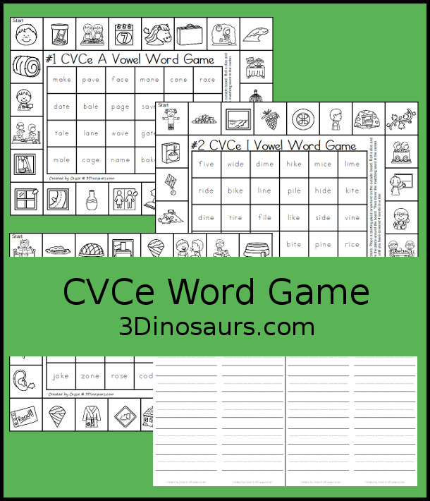 Free CVCe Word Printable Games - 3 fun games with CVCe long a words, CVCe long i words, CVCe long o words with pictures outside and words to find in the middle. A great review for CVCe words- 3Dinosaurs.com