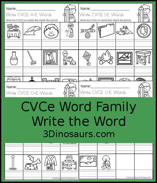 Free CVCe Word Family Write the Words No-Prep Worksheet - 4 no-prep worksheets working CVCe words with a-e, i-e, o-e, and u-e - 3Dinosaurs.com