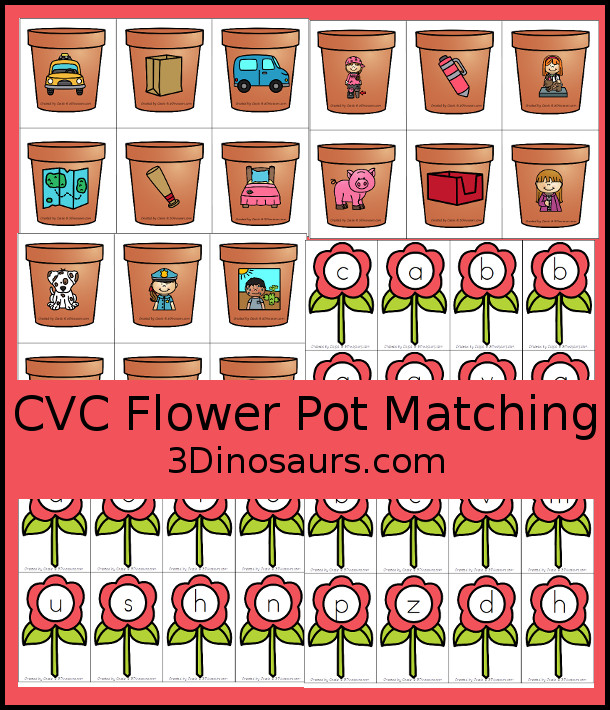 Free CVC Flower Pot Matching Printable - 18 flower posts with matching letters for the CVC pictures on the flower pots- 3Dinosaurs.com