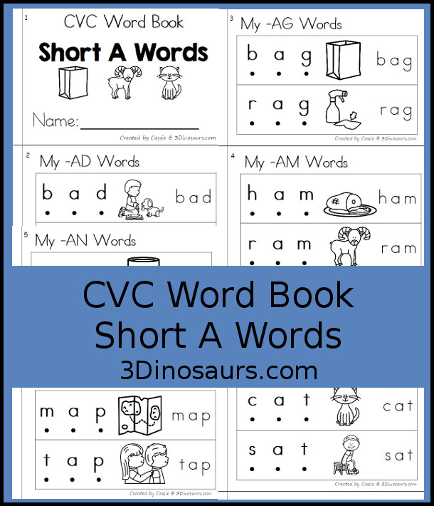 Free CVC Short A Word Book: Blending Words - a simple easy reader book with blends words for CVC short A words with sounding out letters and then blends the letters to make a word. - 3Dinosaurs.com