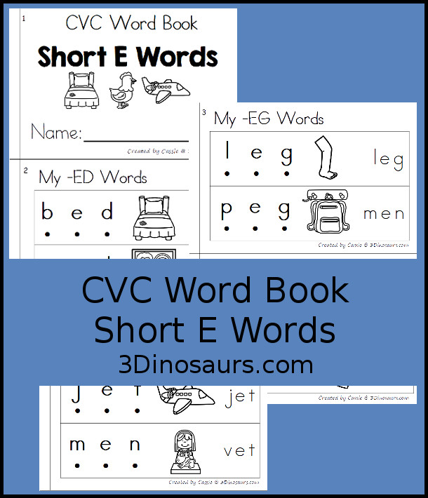 Free CVC Short E Word Book: Blending Words - a simple easy reader book with blends words for CVC short E words with sounding out letters and then blends the letters to make a word. - 3Dinosaurs.com